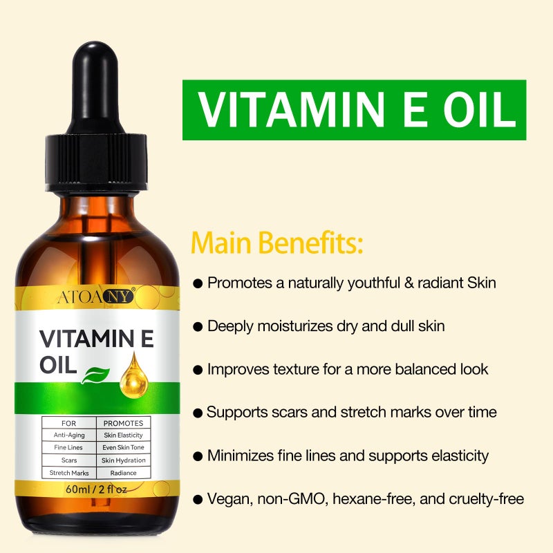 ATOANY Vitamin E Oil 2 Fl Oz - Vitamin E Oil for Skin, Face, Hair, Body - Natural Antioxidant for Dryness, Wrinkles, Scars & Stretch Marks, Moisturizing and Firming Skin - Image 2