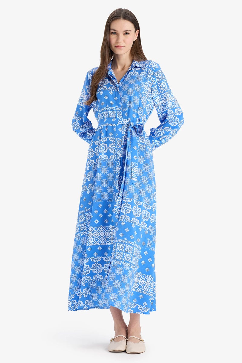 DeFacto Blue Woman Shirt Collar Printed Viscose Dress Casual - Image 1