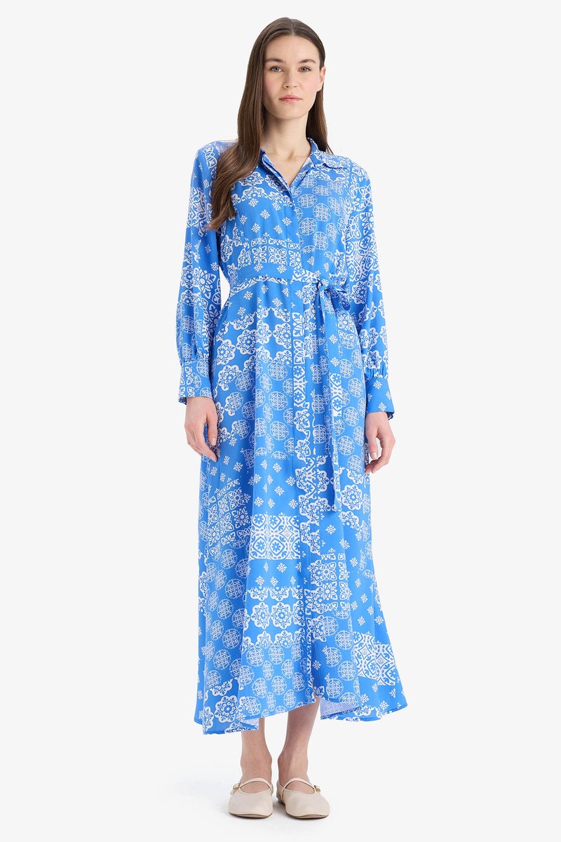 DeFacto Blue Woman Shirt Collar Printed Viscose Dress Casual - Image 2