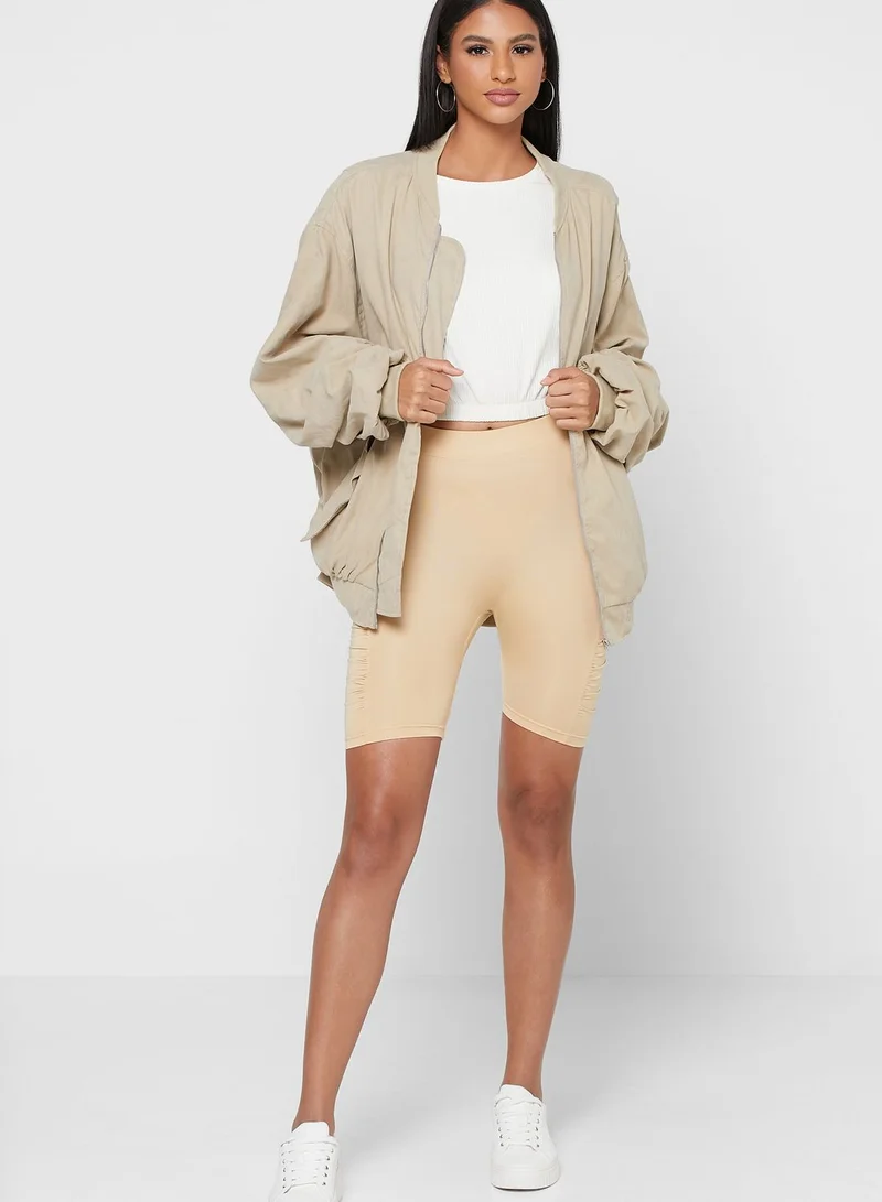 I SAW IT FIRST Stone Slinky Ruched Side Cycling Shorts