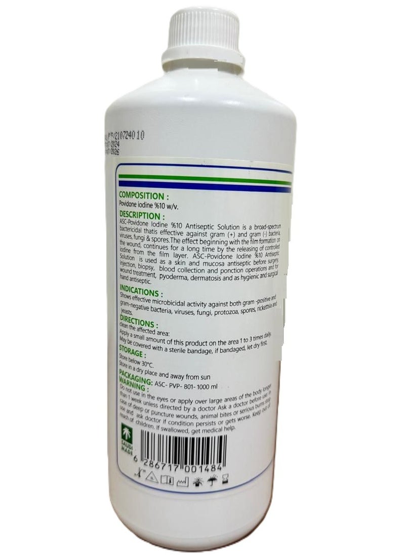 ASC - ASC-ISO Povidone Iodine 10% Prep Solution First Aid Antiseptic and Wound Cleanser to Reduce Infection and Kill Germs (1000ml) - Image 1