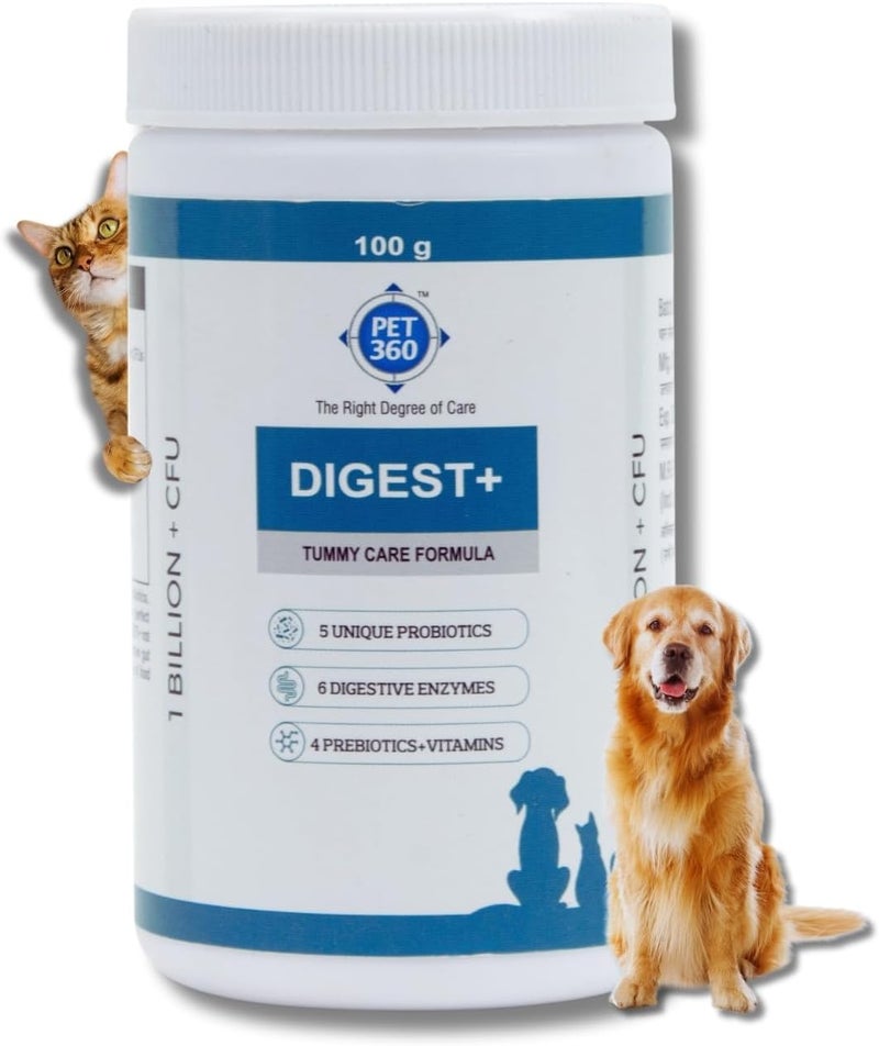 PET360 Digest+ Tummy Care Formula | Gut Health Supplement for Dogs & Cats | Probiotics, Prebiotics, Digestive Enzymes & Vitamins for Improved Digestion & Immunity | Suitable for All Breeds - 100 gm - Image 1