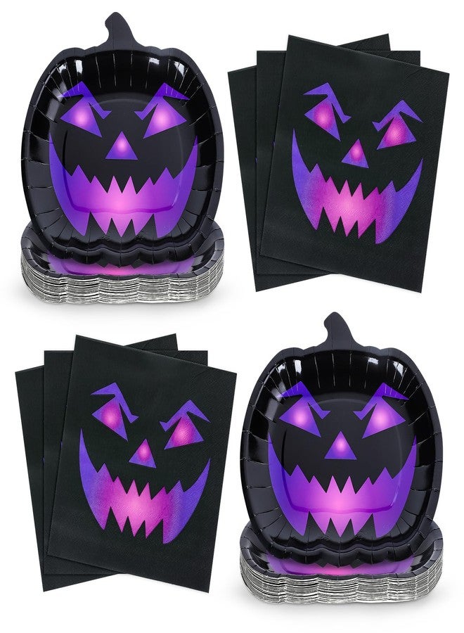 Whaline 24Pcs Halloween Pumpkin Paper Plates and Napkins Spooky Disposable Plates Black Purple Pumpkin Face Tableware Decor for Dessert Appetizer Cake Halloween Party Supplies - Image 1