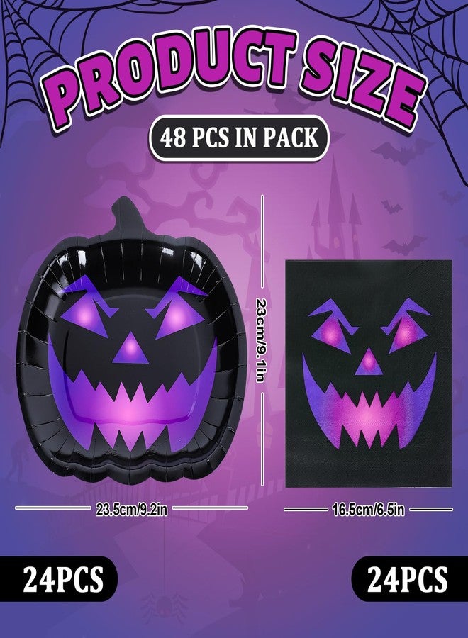 Whaline 24Pcs Halloween Pumpkin Paper Plates and Napkins Spooky Disposable Plates Black Purple Pumpkin Face Tableware Decor for Dessert Appetizer Cake Halloween Party Supplies - Image 2
