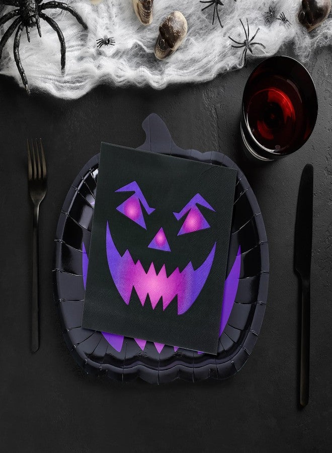 Whaline 24Pcs Halloween Pumpkin Paper Plates and Napkins Spooky Disposable Plates Black Purple Pumpkin Face Tableware Decor for Dessert Appetizer Cake Halloween Party Supplies - Image 5
