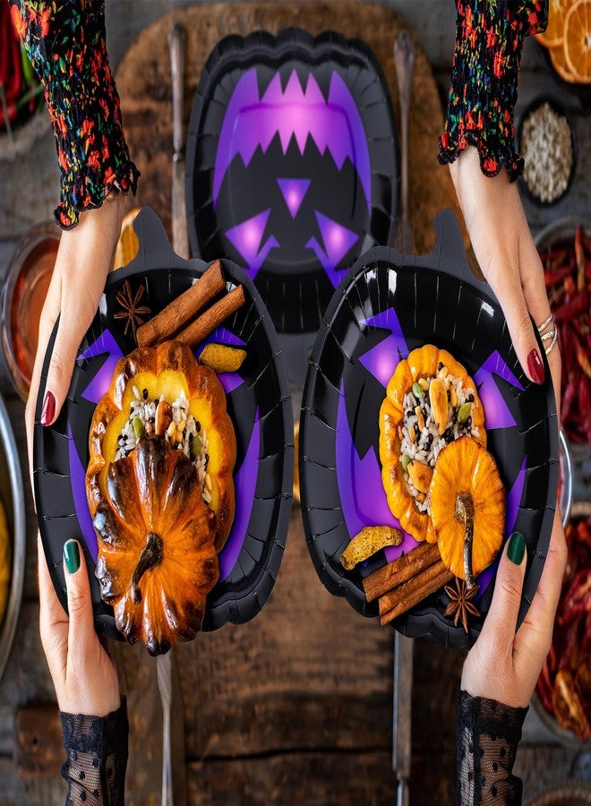 Whaline 24Pcs Halloween Pumpkin Paper Plates and Napkins Spooky Disposable Plates Black Purple Pumpkin Face Tableware Decor for Dessert Appetizer Cake Halloween Party Supplies - Image 4