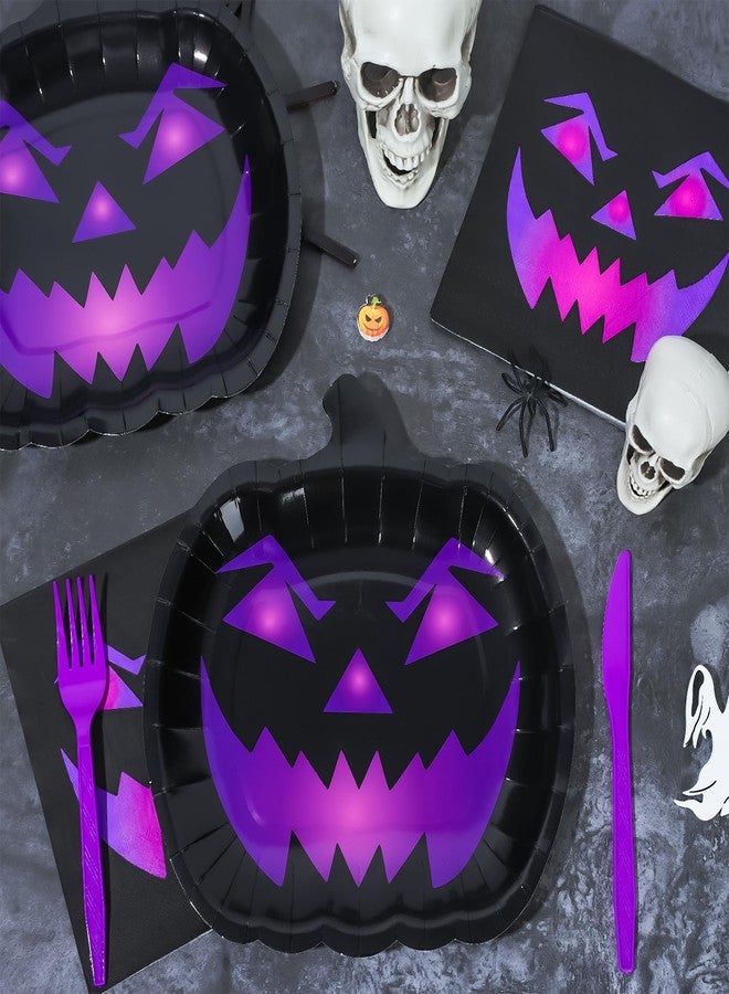 Whaline 24Pcs Halloween Pumpkin Paper Plates and Napkins Spooky Disposable Plates Black Purple Pumpkin Face Tableware Decor for Dessert Appetizer Cake Halloween Party Supplies - Image 3