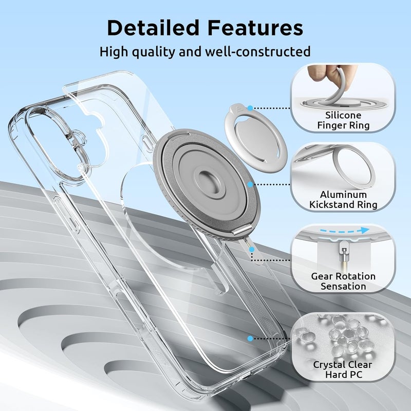 SURPHY for iPhone 16 Case With Rotable Magnetic Ring Stand and Silicone Finger Ring Grip, Compatible with MagSafe, Slim Shockproof Phone Case for iPhone 16 6.1 Inch, Clear - Image 4