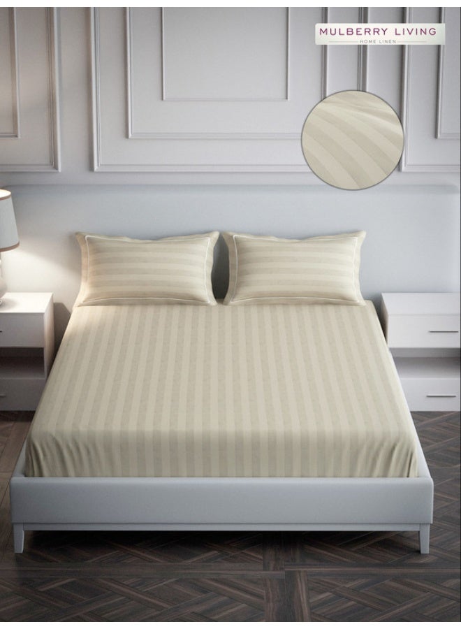 MULBERRY LIVING 100% Cotton - 300Tc Elysian Stripes King Size (260X280  Cms) Flat Bedsheet With 2 Pillow Covers (50X75 Cm) - Beige  - Image 1