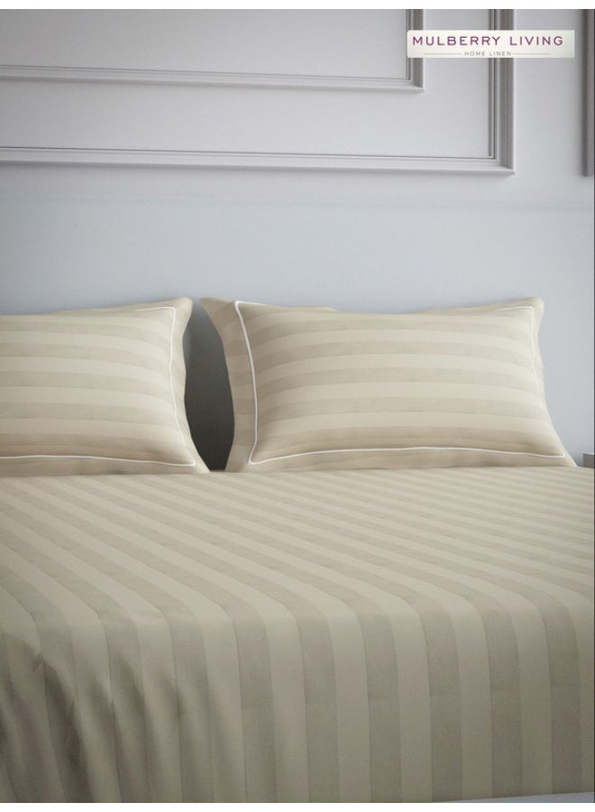 MULBERRY LIVING 100% Cotton - 300Tc Elysian Stripes King Size (260X280  Cms) Flat Bedsheet With 2 Pillow Covers (50X75 Cm) - Beige  - Image 5