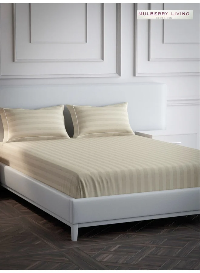 MULBERRY LIVING 100% Cotton - 300Tc Elysian Stripes King Size (260X280  Cms) Flat Bedsheet With 2 Pillow Covers (50X75 Cm) - Beige