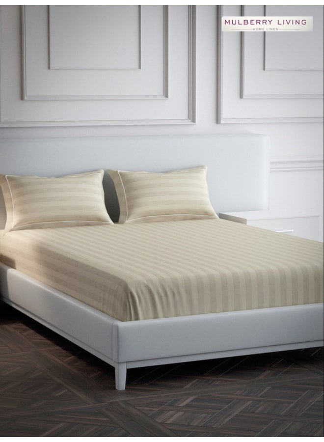 MULBERRY LIVING 100% Cotton - 300Tc Elysian Stripes King Size (260X280  Cms) Flat Bedsheet With 2 Pillow Covers (50X75 Cm) - Beige  - Image 3