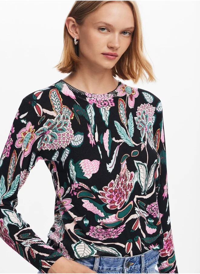 DESIGUAL Botanical Pattern Knit Sweater