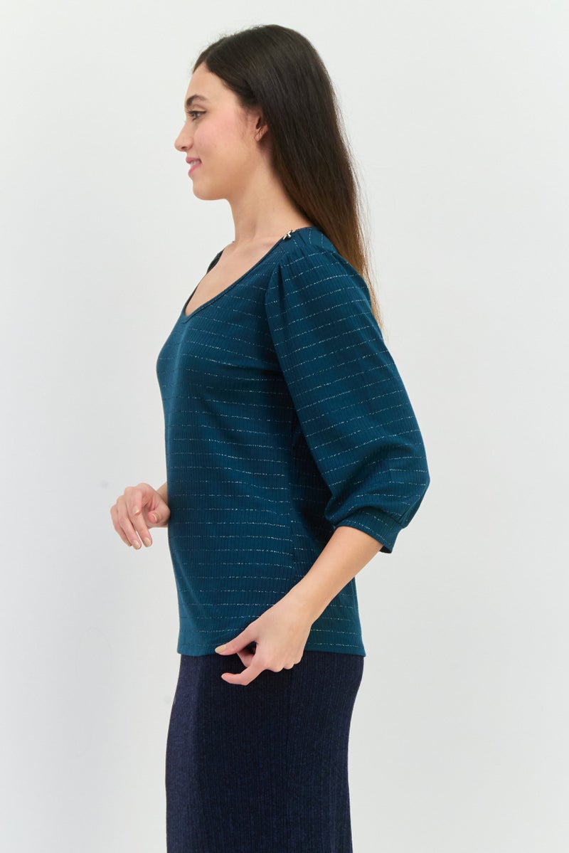 89th + Madison Women Scoop Neck 3/4 Sleeves Striped Blouse, Teal Green  - Image 2