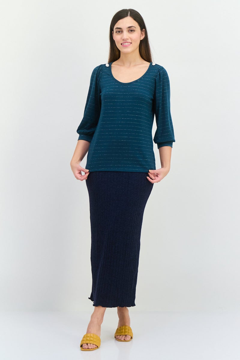 89th + Madison Women Scoop Neck 3/4 Sleeves Striped Blouse, Teal Green  - Image 4