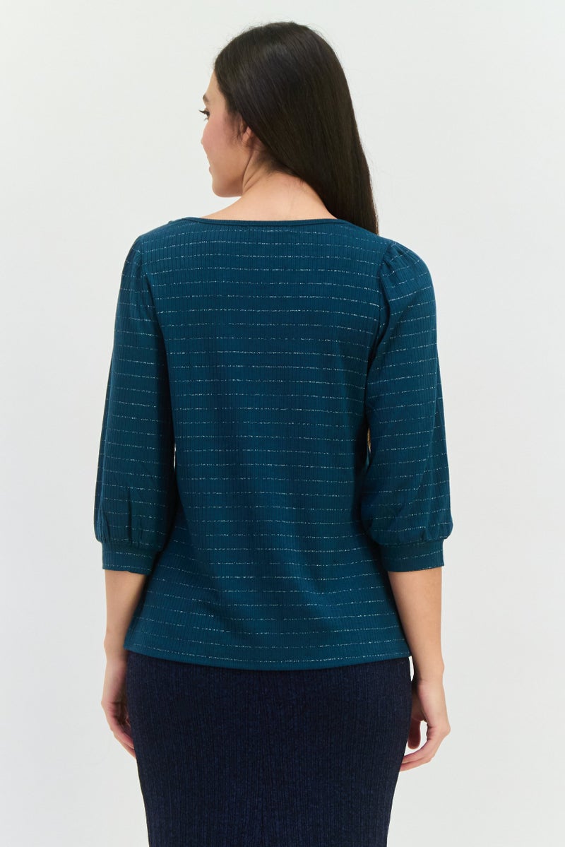 89th + Madison Women Scoop Neck 3/4 Sleeves Striped Blouse, Teal Green  - Image 3