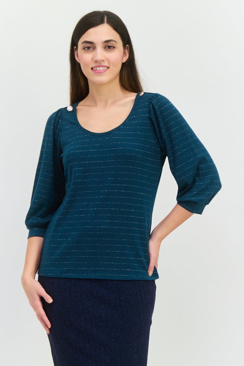89th + Madison Women Scoop Neck 3/4 Sleeves Striped Blouse, Teal Green  - Image 1