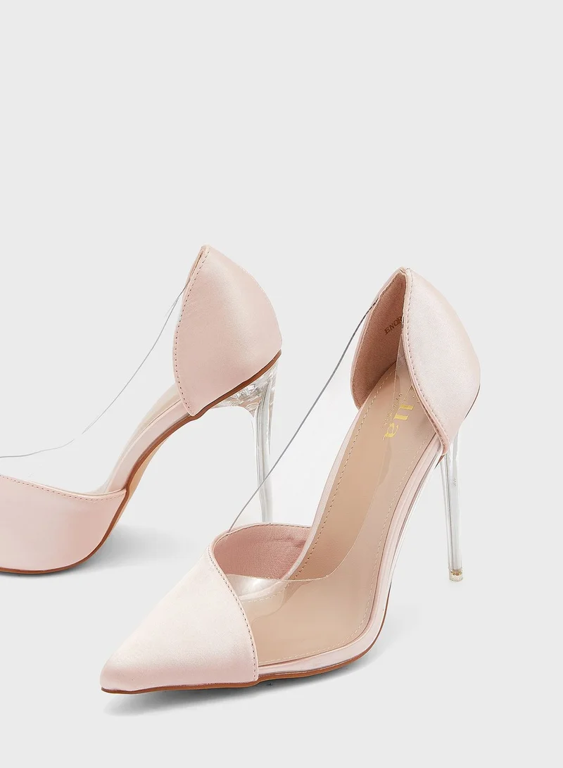 ELLA Satin And Clear Heel Pointed Pump