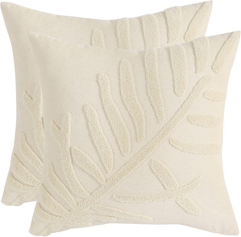 Tosleo أغطية وسائد ديكورية من مقاس 16x16 بوصة، مجموعة من 2، أغطية وسائد مطرزة، أغطية وسائد قطنية ريفية، ديكور منزلي، أغطية وسائد مربعة زهرية (بيج مع ورقة واحدة) - Image 1