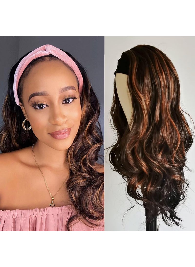 Auflaund - Natural Layered Curly Headband Wig Long Body Wave Highlight 2 Tone Brown Synthetic Headband Wigs For US Black Women with Free Headbands and Wig Caps 24 Inch - Image 1