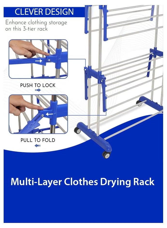 Shopy-Basket 3-Layer Clothes Drying Rack – Stainless Steel, Adjustable Freestanding Foldable & Multi-Purpose for Indoor/Outdoor Use - Image 4