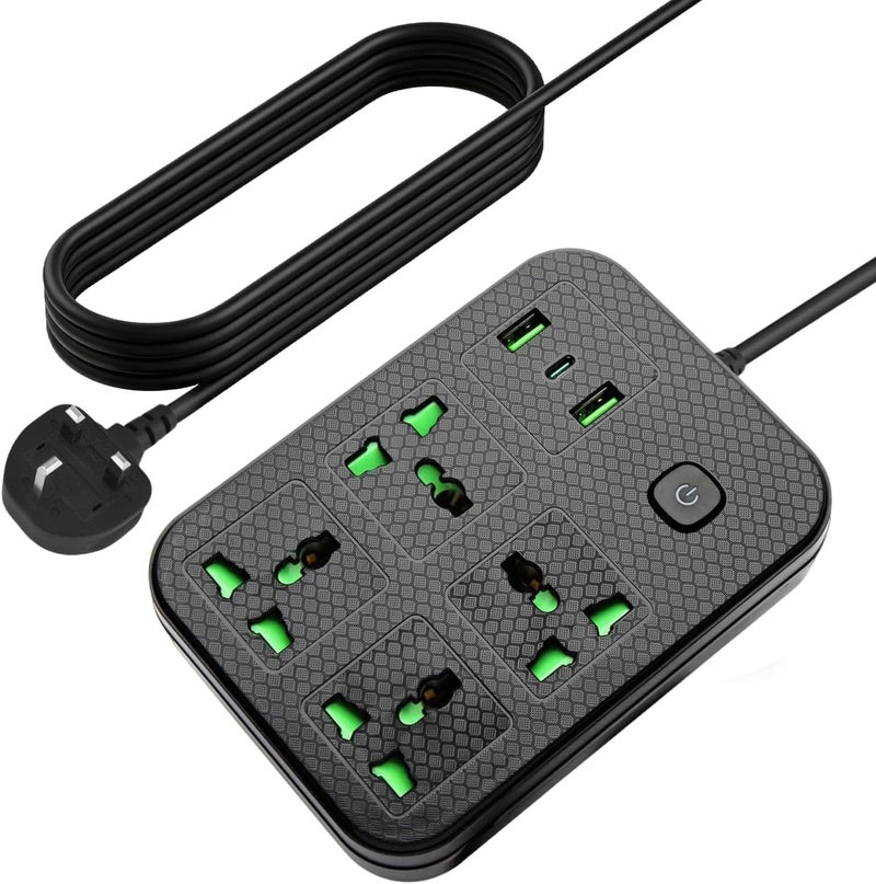 Necomi 7-in-1 Surge Protector Power Board,Universal Power Cord Extension Lead Socket,with 4 Smart Power Sockets,2 USB (2.1A),1 Type-C Port Extension Socket,Suitable for Home Offices (5-Meter/Black) - Image 1