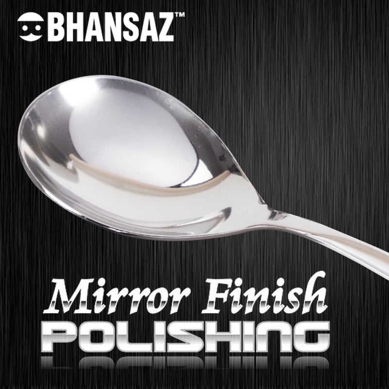 BHANSAZ Serving Spoon Set for Dinning Stainless Steel Cooking Spoons Heavy Gauge Non-Stick, 1 Soup Ladle (Karchi), 1 Solid Spoon (Chamcha) and 1 Rice Spoon Tableware, Set of 3, Silver - Image 2