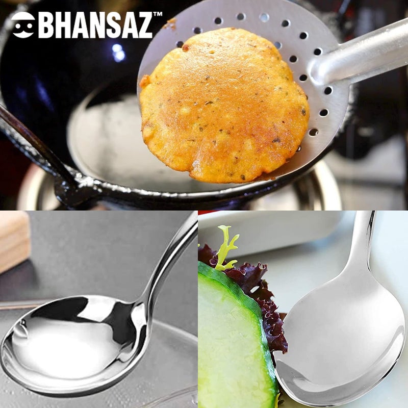 BHANSAZ Serving Spoon Set for Dinning Stainless Steel Cooking Spoons Heavy Gauge Non-Stick, 1 Soup Ladle (Karchi), 1 Solid Spoon (Chamcha) and 1 Rice Spoon Tableware, Set of 3, Silver - Image 5