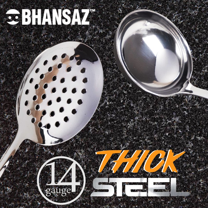 BHANSAZ Serving Spoon Set for Dinning Stainless Steel Cooking Spoons Heavy Gauge Non-Stick, 1 Soup Ladle (Karchi), 1 Solid Spoon (Chamcha) and 1 Rice Spoon Tableware, Set of 3, Silver - Image 3