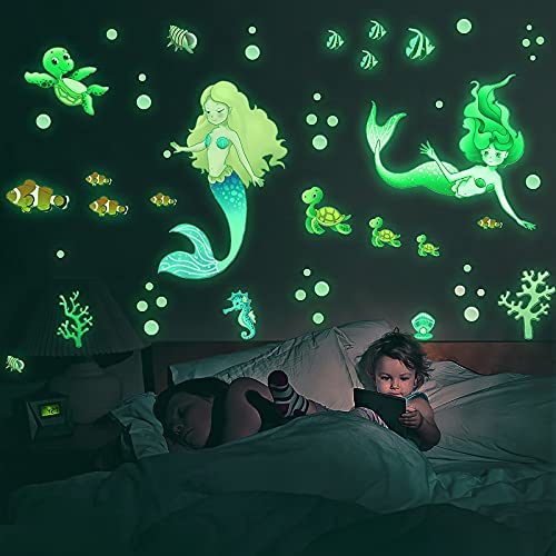 MESU Glow in The Dark Mermaid Wall Decals Sea Turtle Luminous Sticker Seahorse Ceiling Decor for Girls Room Nursery Mermaid - Image 1