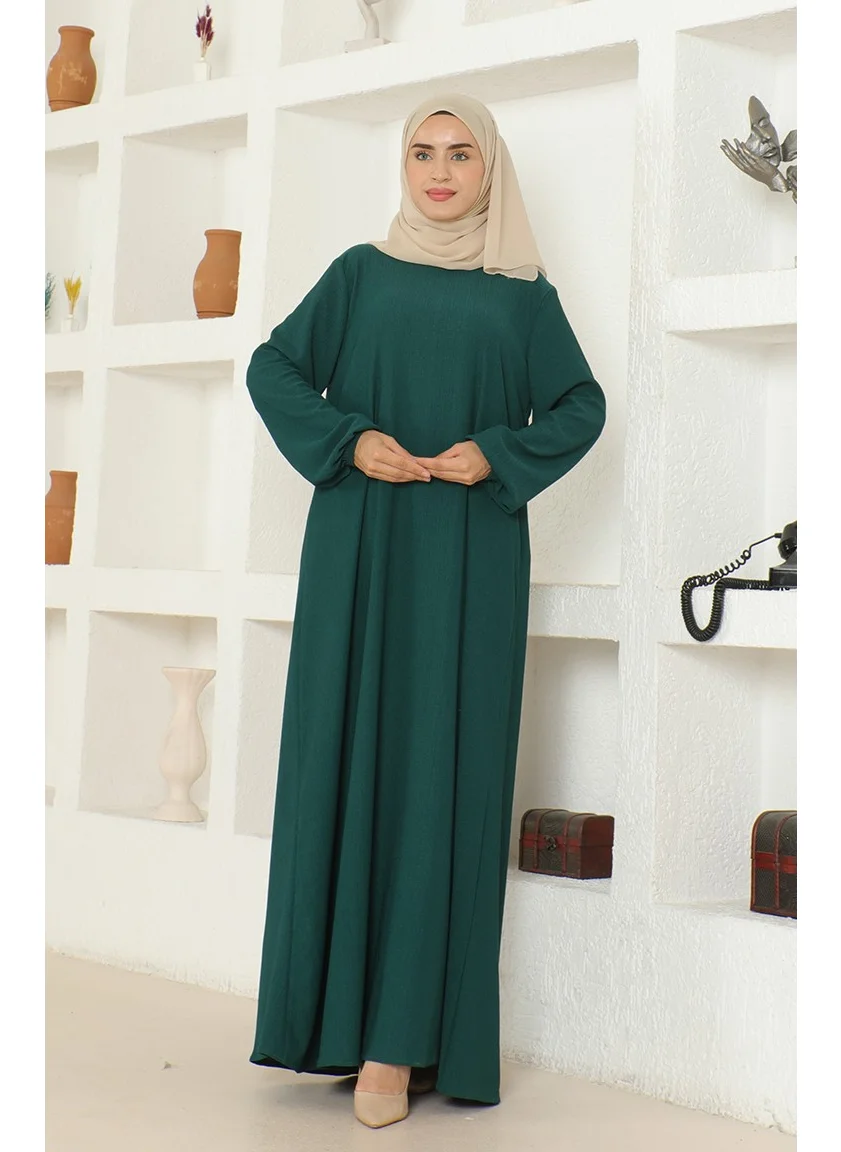 Sefa Merve Bürümcük Fabric Elastic Sleeve Mevlana Dress 1025-06 Emerald Green