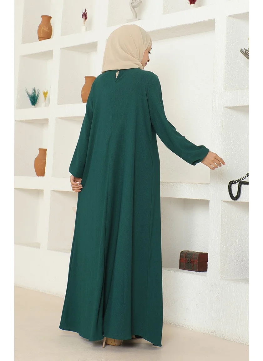 Sefa Merve Bürümcük Fabric Elastic Sleeve Mevlana Dress 1025-06 Emerald Green