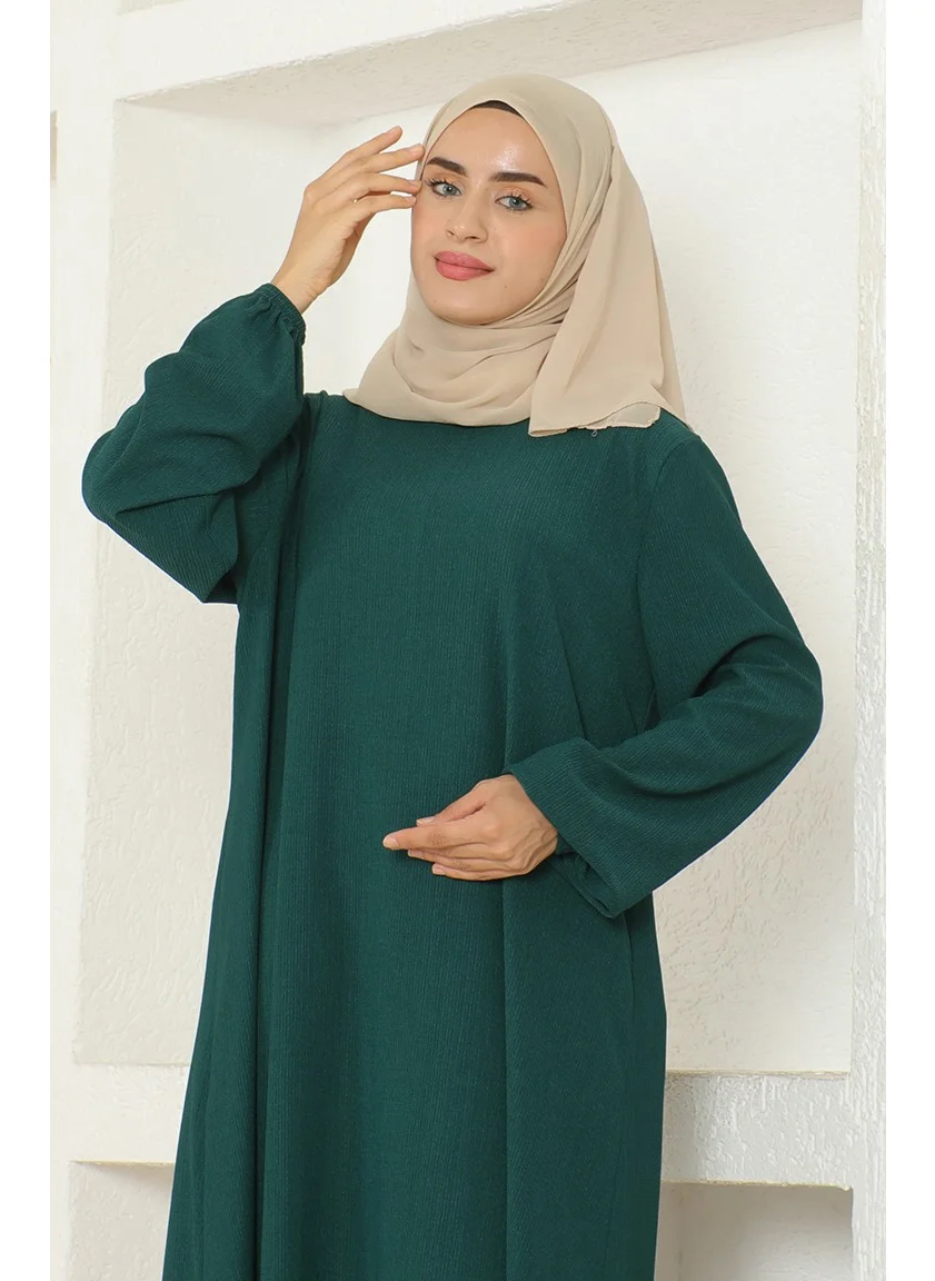 Sefa Merve Bürümcük Fabric Elastic Sleeve Mevlana Dress 1025-06 Emerald Green