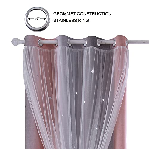ZHUHAN Ombre Rainbow Blackout Curtains for Kid Girls Bedroom Living Room Darking Stripe Double Layer Star Cut Out Wall Home Decor Gradient Grommet Window Curtains （Pink Grey 52W x 95L - Image 2