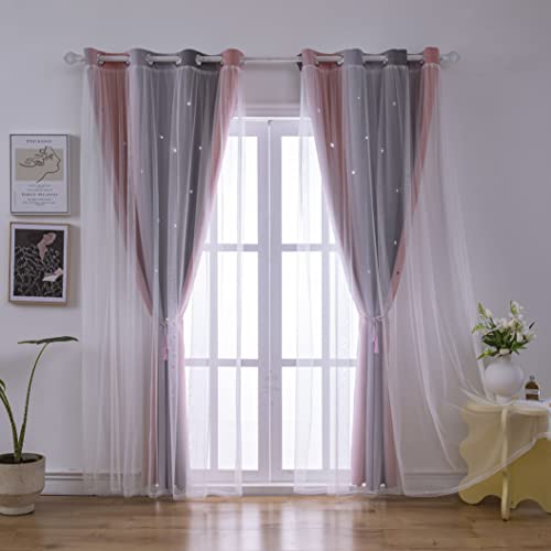 ZHUHAN Ombre Rainbow Blackout Curtains for Kid Girls Bedroom Living Room Darking Stripe Double Layer Star Cut Out Wall Home Decor Gradient Grommet Window Curtains （Pink Grey 52W x 95L - Image 5
