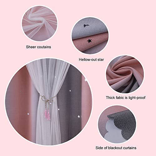 ZHUHAN Ombre Rainbow Blackout Curtains for Kid Girls Bedroom Living Room Darking Stripe Double Layer Star Cut Out Wall Home Decor Gradient Grommet Window Curtains （Pink Grey 52W x 95L - Image 4