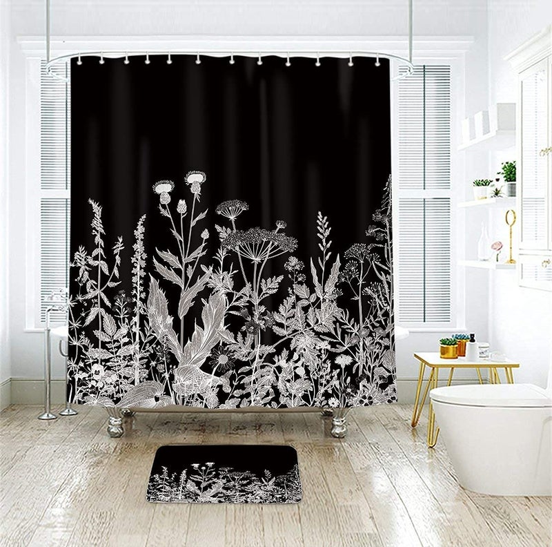 Riyidecor Wild Floral Wildflower Shower Curtain Botanical Herbs Black Plant Nature Blossom Flower Leaf Sketch Waterproof Fabric 72Wx72H Inch Polyester Bathroom Bathtub Decoration 12 Pack Plastic Hooks - Image 3