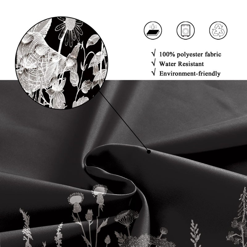 Riyidecor Wild Floral Wildflower Shower Curtain Botanical Herbs Black Plant Nature Blossom Flower Leaf Sketch Waterproof Fabric 72Wx72H Inch Polyester Bathroom Bathtub Decoration 12 Pack Plastic Hooks - Image 5