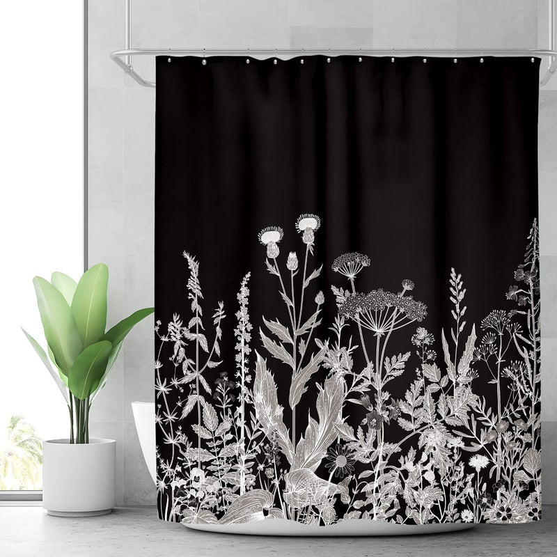 Riyidecor Wild Floral Wildflower Shower Curtain Botanical Herbs Black Plant Nature Blossom Flower Leaf Sketch Waterproof Fabric 72Wx72H Inch Polyester Bathroom Bathtub Decoration 12 Pack Plastic Hooks - Image 1