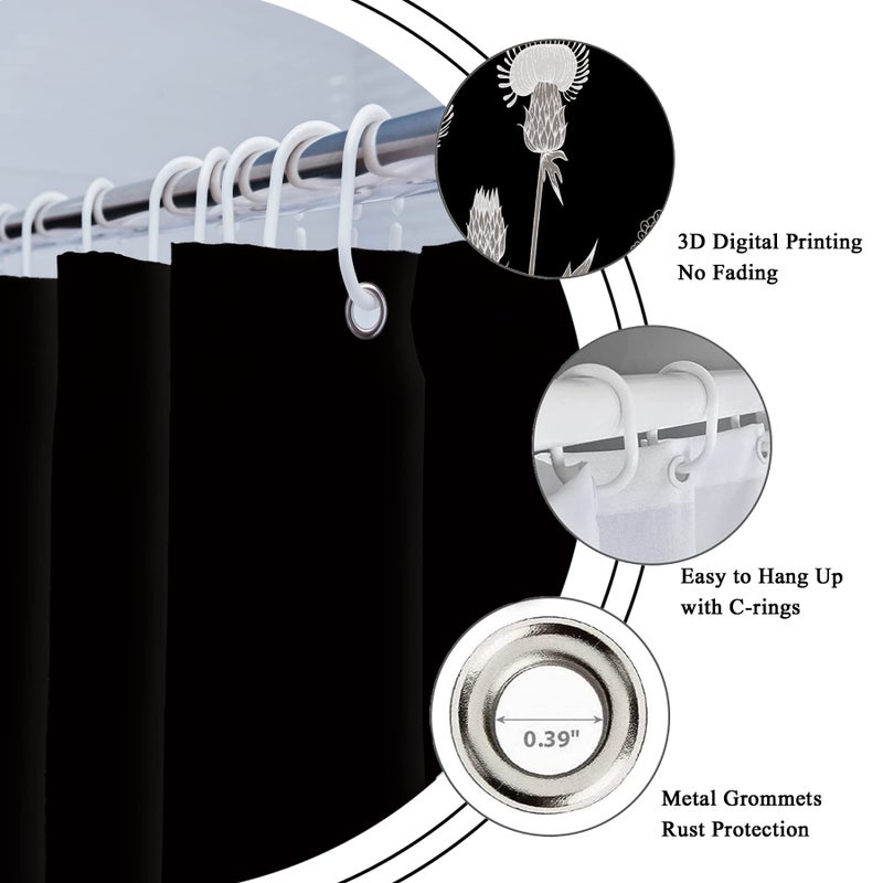 Riyidecor Wild Floral Wildflower Shower Curtain Botanical Herbs Black Plant Nature Blossom Flower Leaf Sketch Waterproof Fabric 72Wx72H Inch Polyester Bathroom Bathtub Decoration 12 Pack Plastic Hooks - Image 4