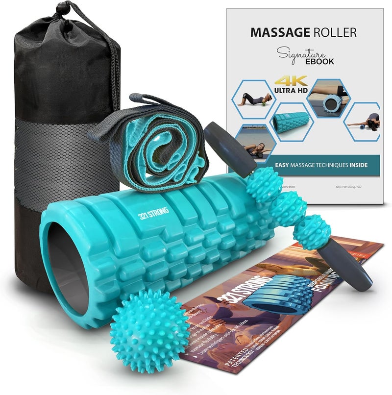 321 STRONG 5-in-1 Foam Roller Set with Hollow Core Roller, Muscle Roller Stick, Stretching Strap, Spikey Ball, and Carry Bag - Image 1