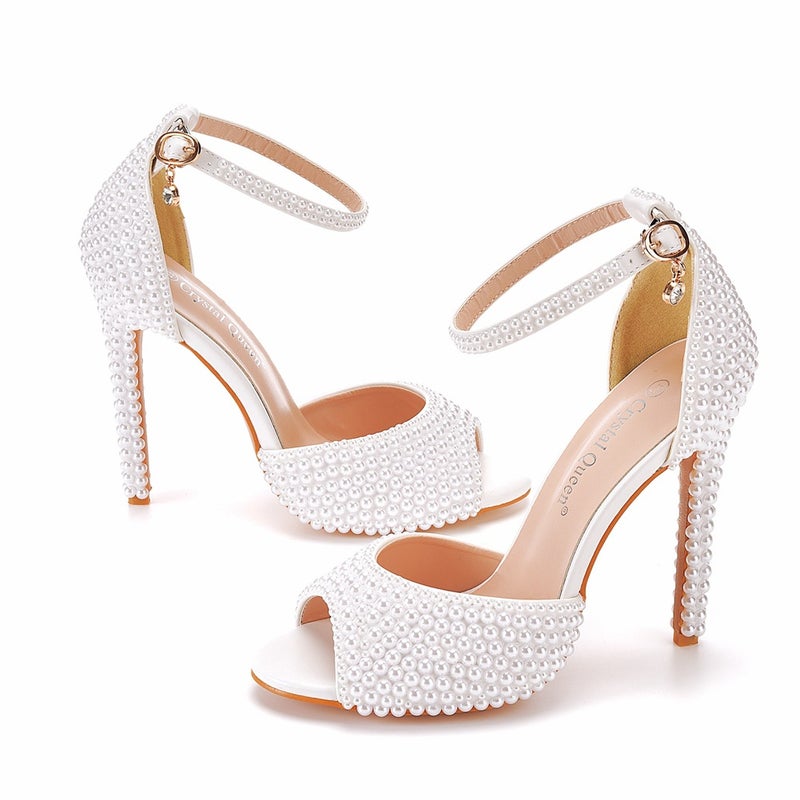 11Cm Fishmouth High Heel Sandals Shallow Mouth With Large Size High Heel Sandals White Pearl Wedding Sandals 46 Yards - Image 4