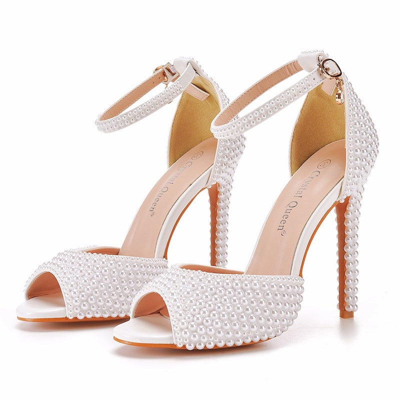11Cm Fishmouth High Heel Sandals Shallow Mouth With Large Size High Heel Sandals White Pearl Wedding Sandals 46 Yards - Image 1