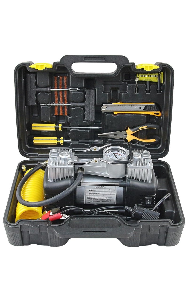 GO2CAMPS Heavy Duty 12V Dual Cylinder Tire Air Compressor Tire Inflator Kit | 150 PSI Portable Pump with Analog Gauge, Tire Plug Repair Full sett Tools, Carry Case | Desert Safari, Car,SUV, RV & Emergency Use - Image 1