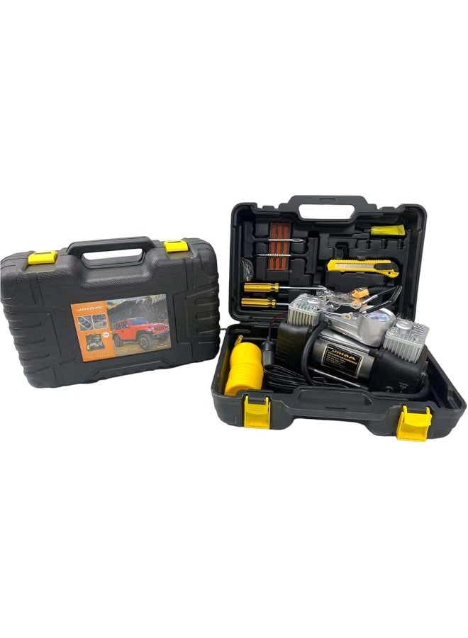 GO2CAMPS Heavy Duty 12V Dual Cylinder Tire Air Compressor Tire Inflator Kit | 150 PSI Portable Pump with Analog Gauge, Tire Plug Repair Full sett Tools, Carry Case | Desert Safari, Car,SUV, RV & Emergency Use - Image 4