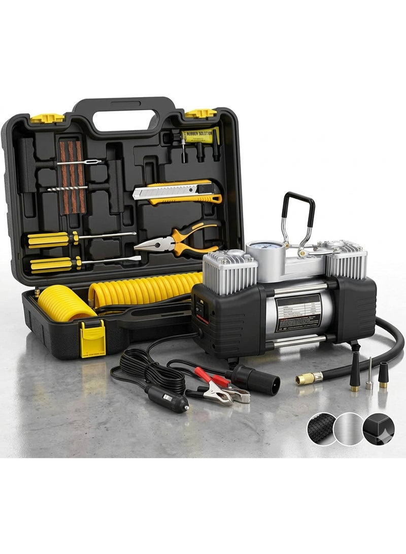 GO2CAMPS Heavy Duty 12V Dual Cylinder Tire Air Compressor Tire Inflator Kit | 150 PSI Portable Pump with Analog Gauge, Tire Plug Repair Full sett Tools, Carry Case | Desert Safari, Car,SUV, RV & Emergency Use - Image 5