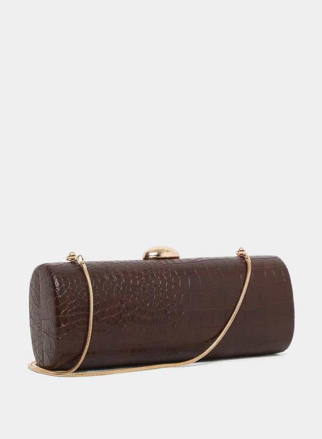 Styli Brown Croc-Effect Structured Clutch with Chain Strap - Image 1