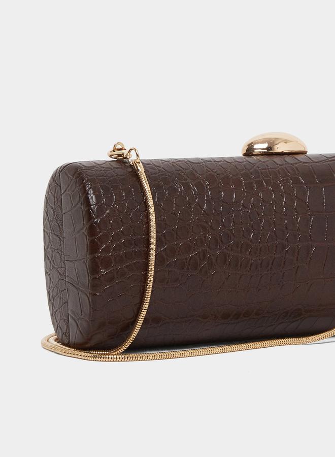 Styli Brown Croc-Effect Structured Clutch with Chain Strap - Image 5