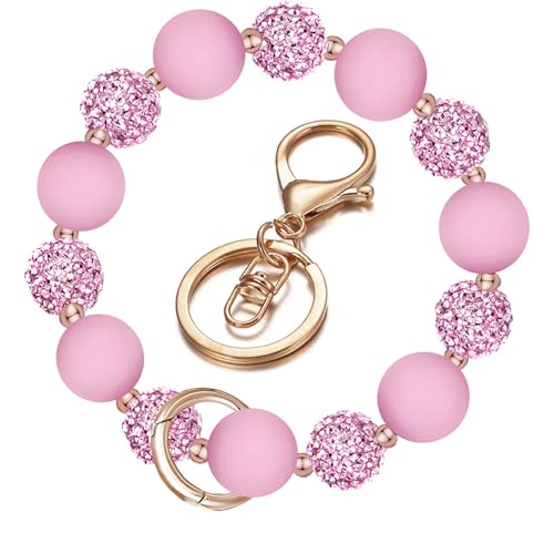 M-Plateau Wristlet Keychain, Silicone Beaded Wrist keychain with Key Ring for Women, Elastic Keychain Bracelet (Light Pink) - Image 1