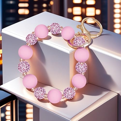 M-Plateau Wristlet Keychain, Silicone Beaded Wrist keychain with Key Ring for Women, Elastic Keychain Bracelet (Light Pink) - Image 3